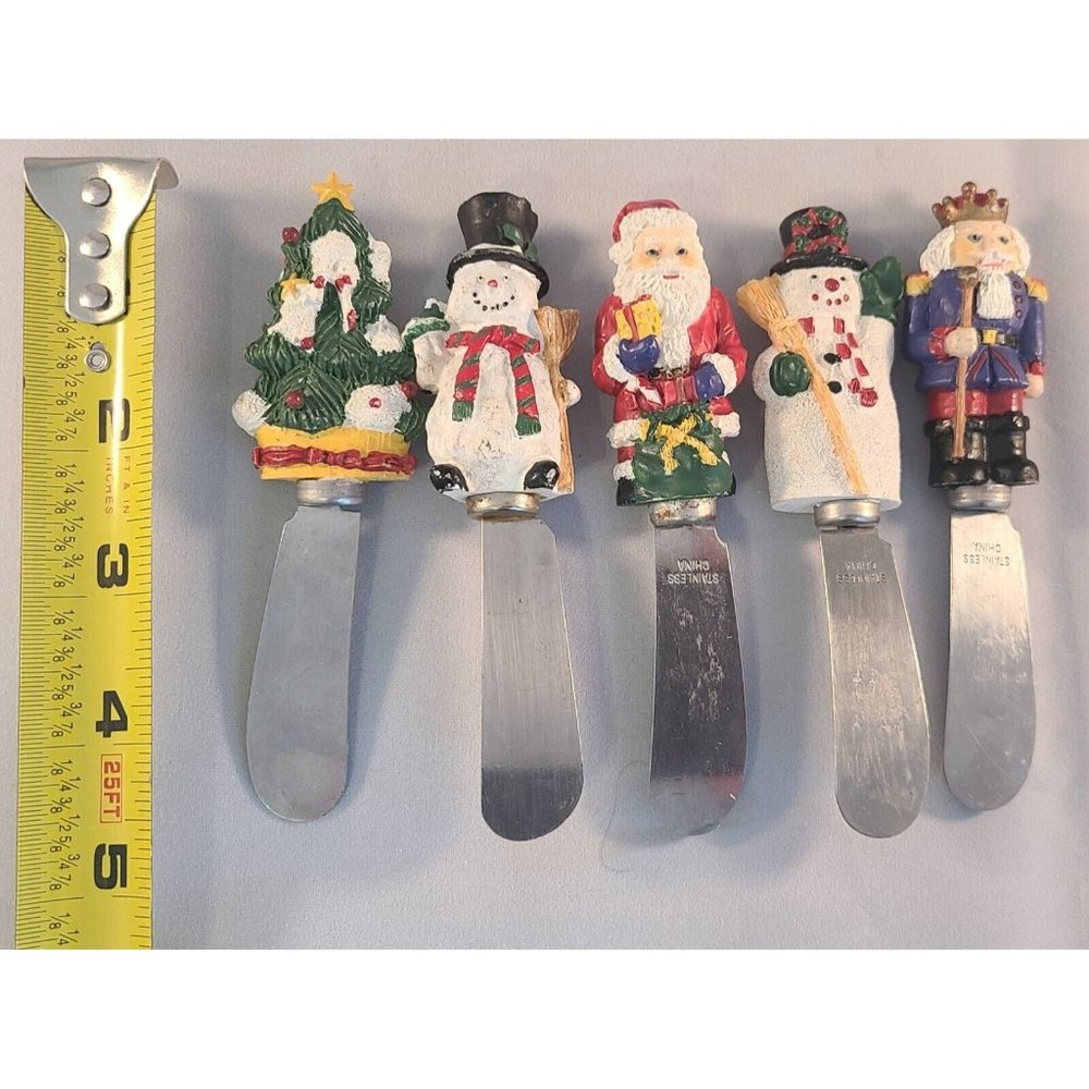 Set of 5 Christmas Cheese Jam Knives Christmas Tree, Snowman, Santa, Nutcracker